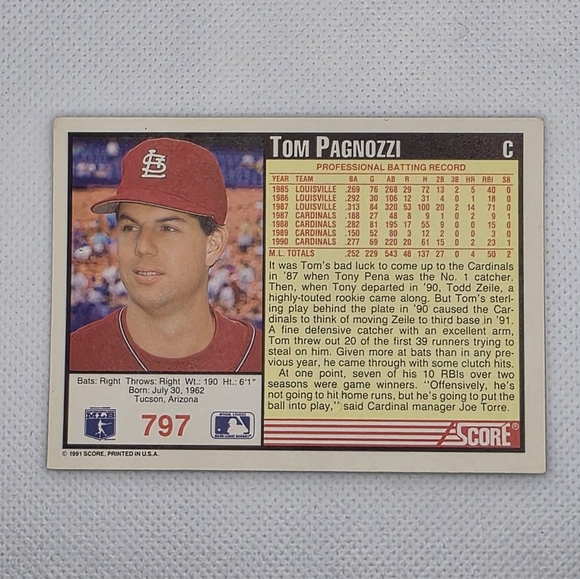 1991 Score Tom Pagnozzi St. Louis Cardinals #797 Baseball Card - Picture 4 of 4